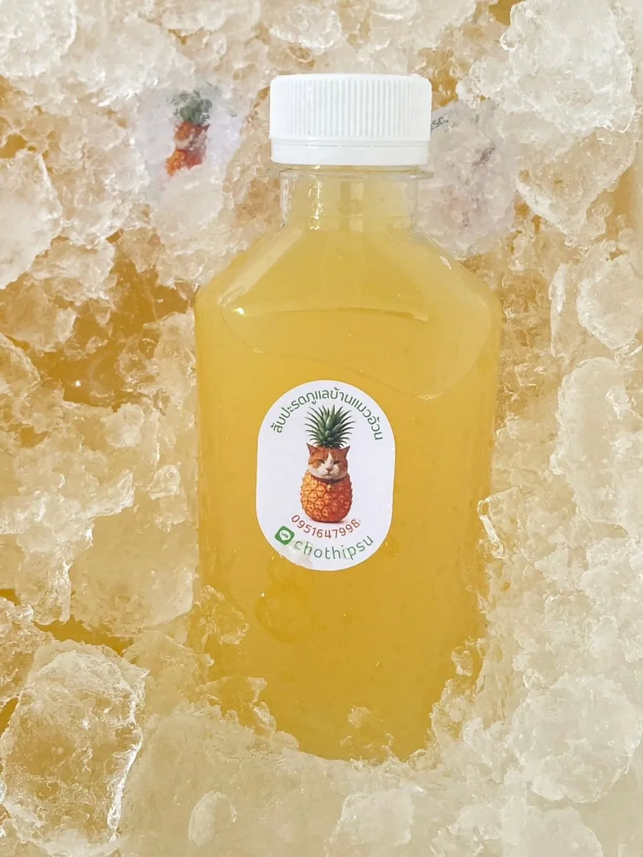 ขวดน้ำสับปะรดเย็นฉ่ำในน้ำแข็ง / Ice-cold pineapple juice bottle